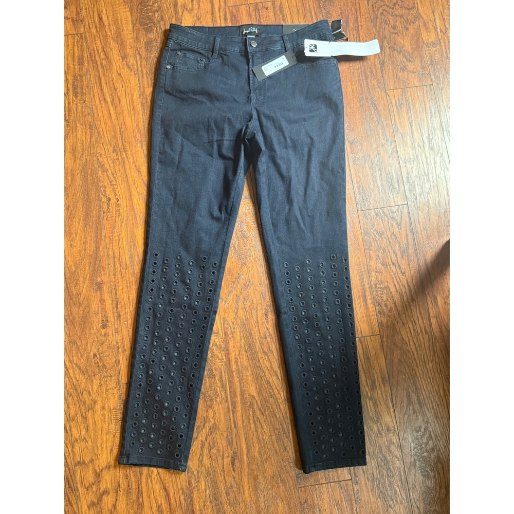 Joseph Ribkoff Womens Dark Wash Eyelet Laser Cut Slim Leg Jeans Blue Size 14 NEW